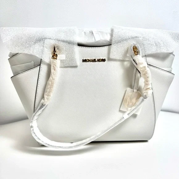 NWT Michael Kors Shoulder Bag Jet Set Large Saffiano Leather Optic White w Gold - Picture 2 of 9